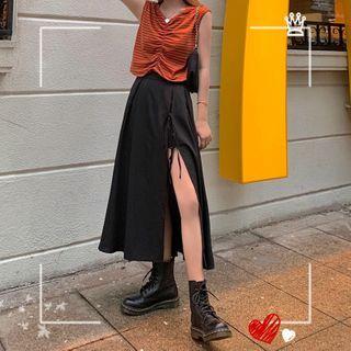 Drawstring Cropped Tank Top / Side Slit Midi Skirt