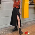Drawstring Cropped Tank Top / Side Slit Midi Skirt