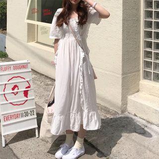 Short-sleeve Ruffle A-line Midi Dress White - One Size