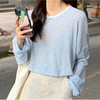 Long-sleeve Striped T-shirt Stripes - Light Gray & White - One Size