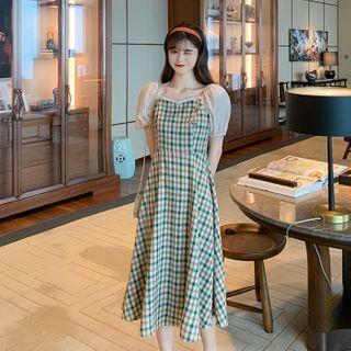 Balloon-sleeve Blouse / Plaid Midi Pinafore Dress