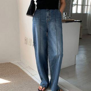 Pintuck Washed Wide-leg Jeans