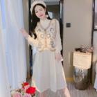 Set: Long-sleeve Mock-neck Lace Midi A-line Dress + Floral Embroidered Button-up Vest