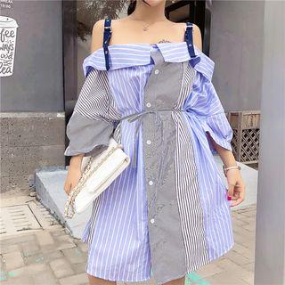 Striped Off Shoulder 3/4-sleeve Shirt Dress