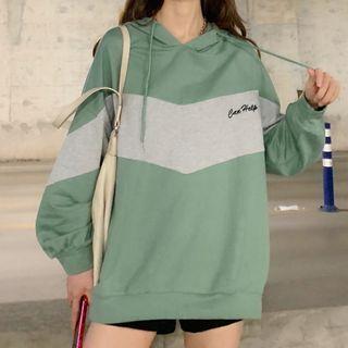 Color Block Lettering Drawstring Hoodie