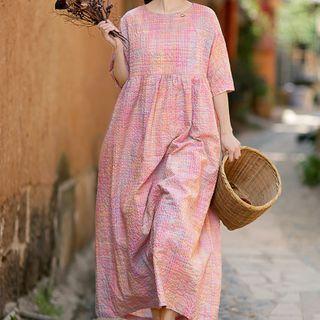 Elbow-sleeve Linen Blend Maxi A-line Dress