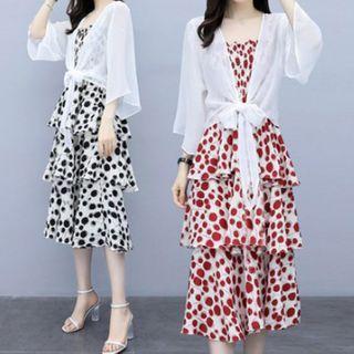 Set: Light Jacket + Sleeveless Dotted Tiered Dress