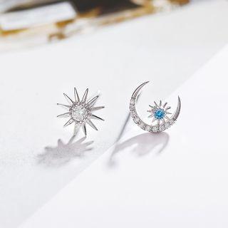 925 Sterling Silver Non-matching Rhinestone Moon & Star Earring 1 Pair - Earrings - Star & Moon - One Size
