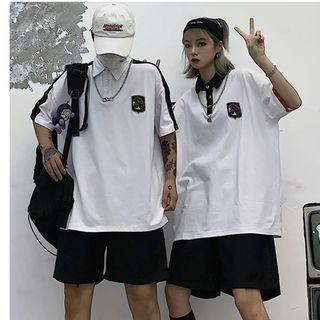 Couple Matching Embroidered Short-sleeve Polo Shirt / Wide-leg Shorts