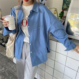 Long-sleeve Plain Loose-fit Shirt Blue - One Size