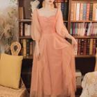 3/4-sleeve Mesh Midi A-line Dress