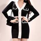 Long-sleeve Color Block Mini Knit Dress Black - One Size