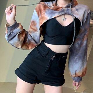 Tie-dyed Cropped Hoodie Khaki - One Size