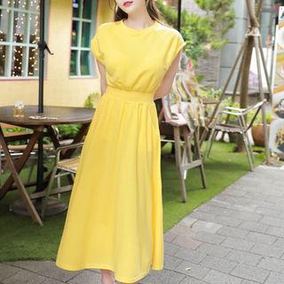 Raglan Cap-sleeve Band-waist Long Flare Dress