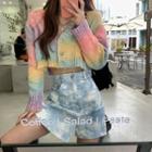 Rainbow Button-down Crop Knit Top / Tie-dyed Mini Skirt