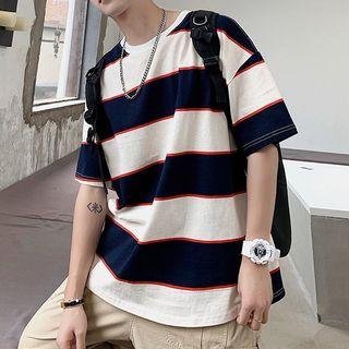 Elbow-sleeve Strip T-shirt