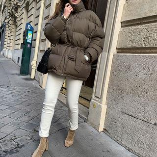 High-neck Belted Padding Jacket Khaki - One Size