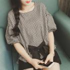 Puff-sleeve Plaid Bow-front Top