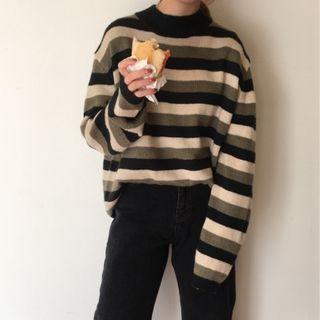Long-sleeve Mock-neck Striped Sweater