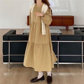 Plain Long-sleeve Midi A-line Dress / Scarf