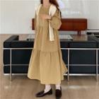 Plain Long-sleeve Midi A-line Dress / Scarf