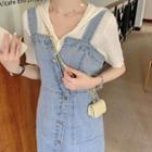 Denim Midi A-line Overall Dress / Short-sleeve Hooded Knit Top