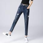 Patch Embroidered High Waist Jeans
