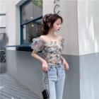 Flower Print Puff-sleeve Chiffon Blouse As Shown In Figure - One Size