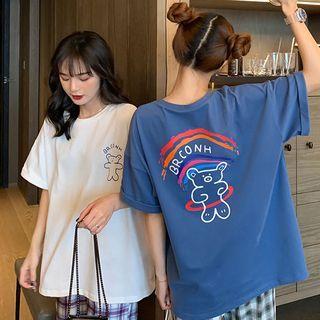 Bear Print Short-sleeve T-shirt / Plaid Cropped Straight-fit Pants