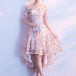 Off Shoulder Elbow Sleeve Dip Back Evening Dress