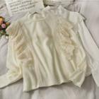 Mesh Ruffled-trim Mock-neck Knit Top