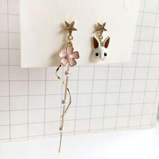 Non-matching Alloy Rabbit & Sakura Dangle Earring
