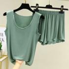 Set: Plain Tank Top + Wide-leg Shorts