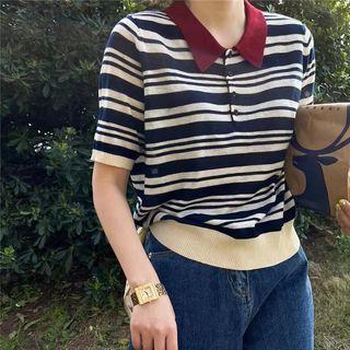 Short Sleeve Contrast Collar Striped Polo Shirt