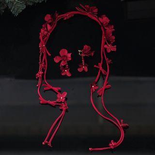 Set: Petal Wedding Headpiece + Dangle Earring Headpiece & 1 Pair Earrings - Red - One Size