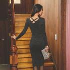 Long Sleeve Cut Out Midi Bodycon Knit Dress As Shown In Figure - One Size