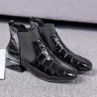 Embossed Patent Block Heel Elastic Panel Ankle Boots