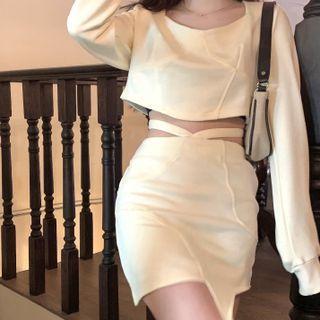 Set: Cropped Sweatshirt + High Waist Mini Skirt Set Of 2 - Top & Skirt - Almond - One Size