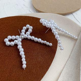 Faux Pearl Bow Earring 01 - Silver Needle Earring - White - One Size