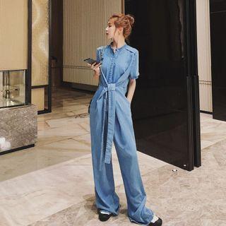 Short-sleeve Wide-leg Denim Jumpsuit