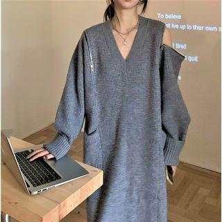 Zip-accent Midi Sweater Dress Gray - One Size