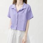 Plain Collared Short-sleeve Button Cropped T-shirt