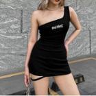 One Shoulder Lettering Embroidery Bodycon Dress