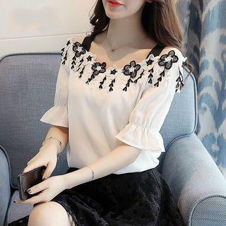 Flower Applique Off Shoulder Elbow Sleeve Chiffon Top