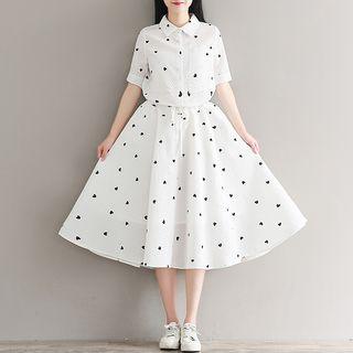 Short-sleeve Heart Print A-line Midi Dress
