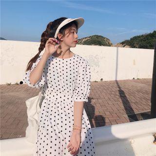 Dotted Elbow-sleeve Midi A-line Dress Polka Dot - White - One Size