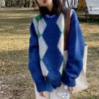 Long Sleeve Color Block Argyle Sweater Blue & White - One Size