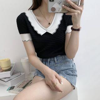 Color Block Frill Trim Collar Knit Top