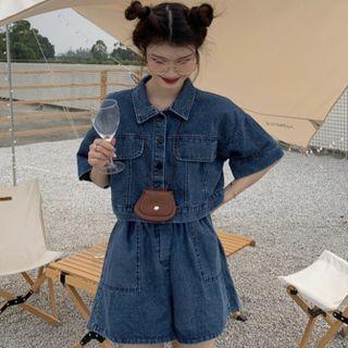 Set: Short-sleeve Denim Crop Shirt + Wide Leg Denim Shorts Blue - One Size