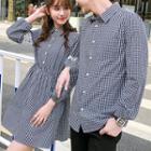 Couple Matching 3/4 Sleeve Lace Panel Gingham A-line Dress/ Gingham Shirt